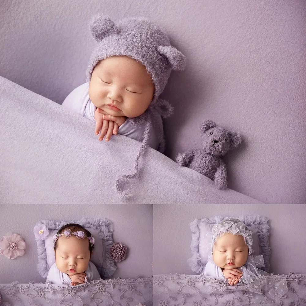 Puntelli per fotografia per bambini Servizio fotografico per neonato Set di cappelli per bambole con orso lavorato a maglia Tema viola Cappello in pizzo Cuscino Accessori per riprese fotografiche