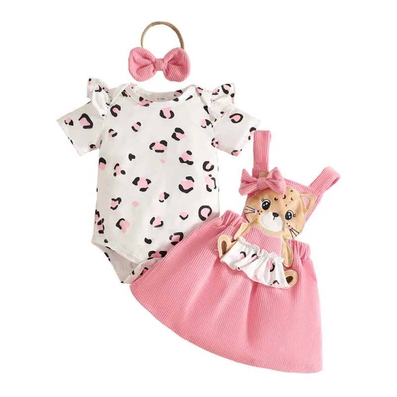 0-18 Months Baby Clothing Girls 3PCS Outfits Leopard-Print Short-Sleeve Jumpsuit+Bear Belted Dress+Headband Newborn Sets