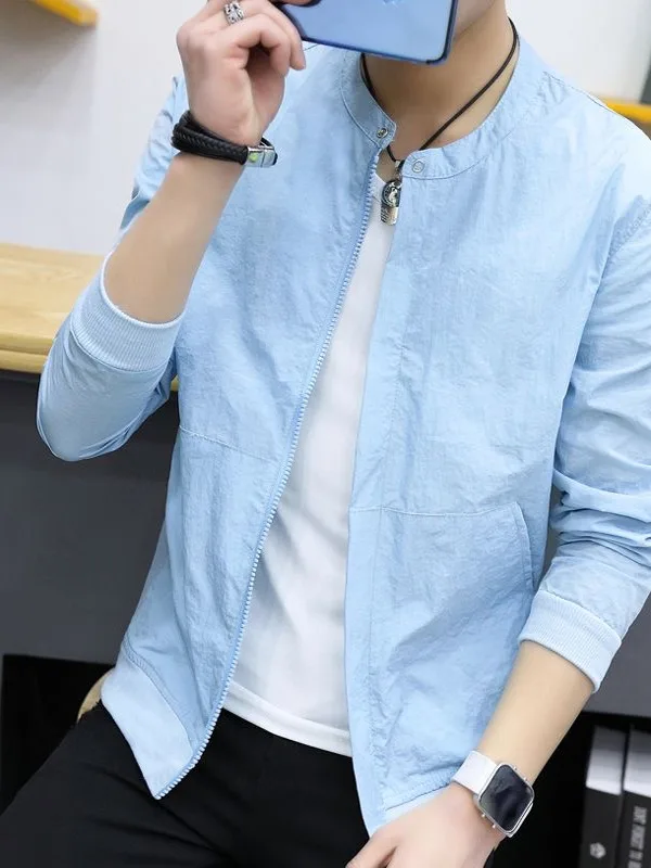 

Men's Summer Ice Silk Loose Fit Jacket Lightweight Stand Collar Sun Protection Outerwear Trendy Open Front Zipper Closure