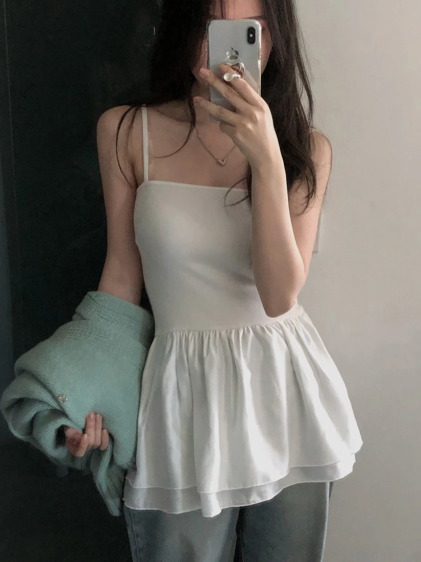

Korean Style Spring Sweet Tulle Splice Apron Overlap Wear Halter Vest Skirt Short Skirt Commute High Waist Other Materials