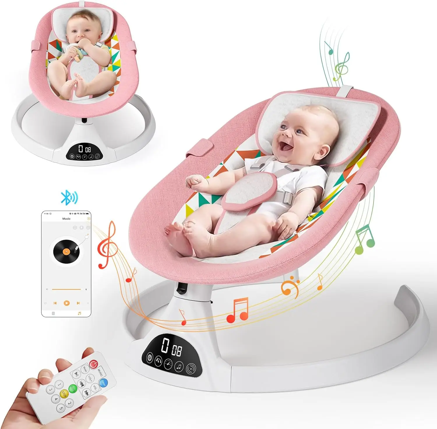 The Balancin Electrical Bebe comes with Bluetee control and remote control, a 3-level timer swing with 5 amplitudes