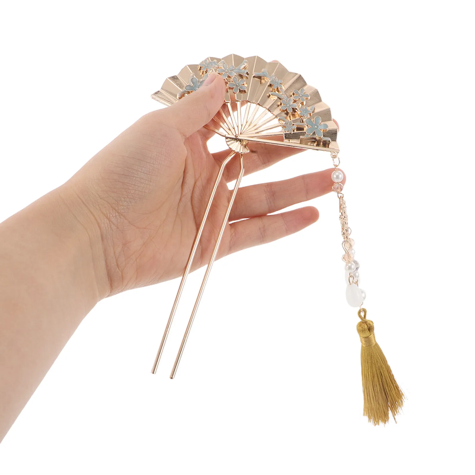 New Chinese Style Hairpin Fan Shaped Metal Hair Stick with Flowing Floral Tassels for Women Traditional Festival Bridal Daily