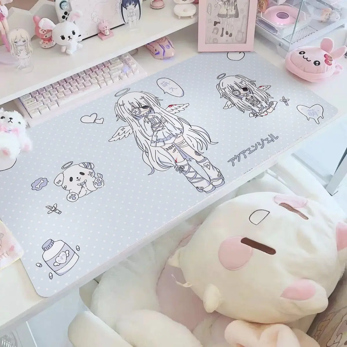 Leather Desk Pad Protector Dream Angel Girl Y2K Kawaii Blue Mouse Pad Office Desk Mats Waterproof Oilproof PU Desk Keyboard Pad