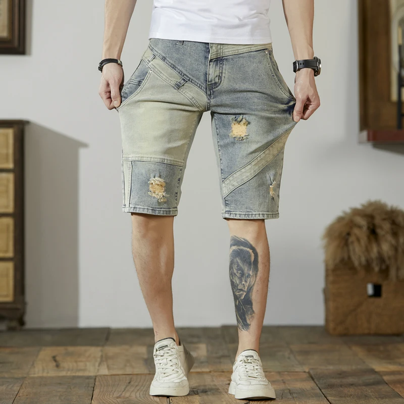 Summer Thin Retro Make Old Ripped Denim Shorts Men\'s Slim Stretch Patchwork Stitching Patch Casual Cropped Pants