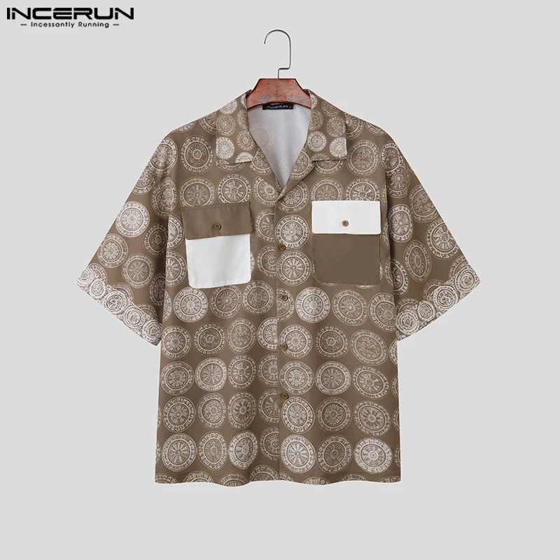 

Мужская рубашка INCERUN с принтом, лоскутная, с отложным воротником, с коротким рукавом, уличная одежда, летняя, для отпуска, модная повседневная мужская одежда 2026
