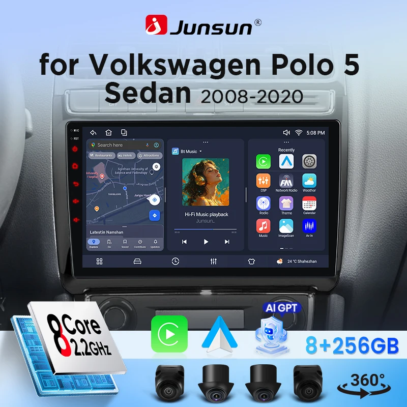 Autoradio Android Junsun 9 pouces pour VW POLO 5 berline 2008 2009 2010 - 2020 avec Canbus, CarPlay sans fil et Android Auto, écran tactile IPS HD, GPS, navigation multimédia 360° °   Lecteur multimédia avec caméra, DSP, RDS, WiFi, écran partagé, Mirror Link, Bluetooth mains libres
