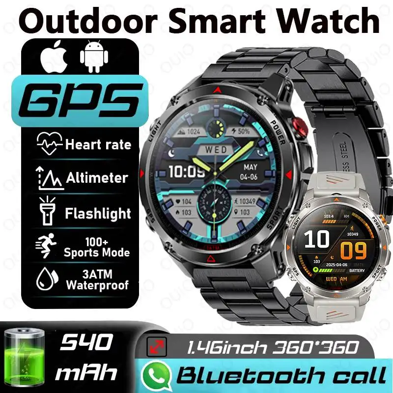 

2025 New Military Bluetooth Call Smart Watch Built-in GPS Compass Barometric Altimeter 540MAH 3ATM Waterproof Sports Smart Watch