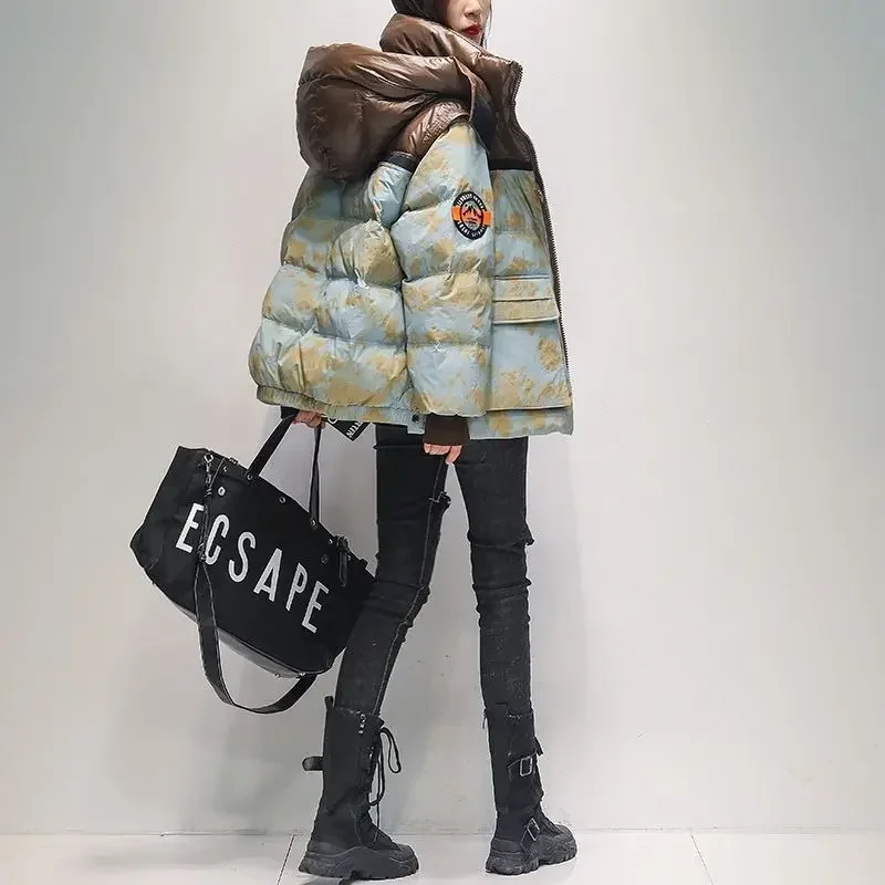 Jaqueta feminina solta com capuz, parkas quentes, casacos de inverno, moda coreana, nova