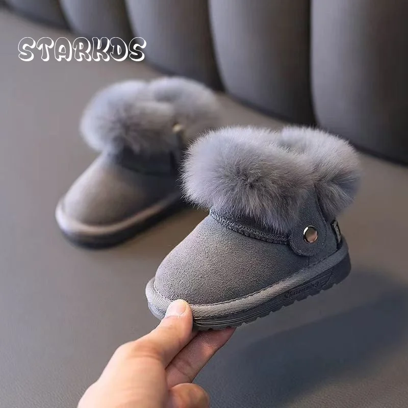 Botas de nieve de piel rosa y gris para bebé, botines cálidos de felpa suaves para invierno, Botas de piel con cremallera lateral de diseño clásico de marca para niño y niña