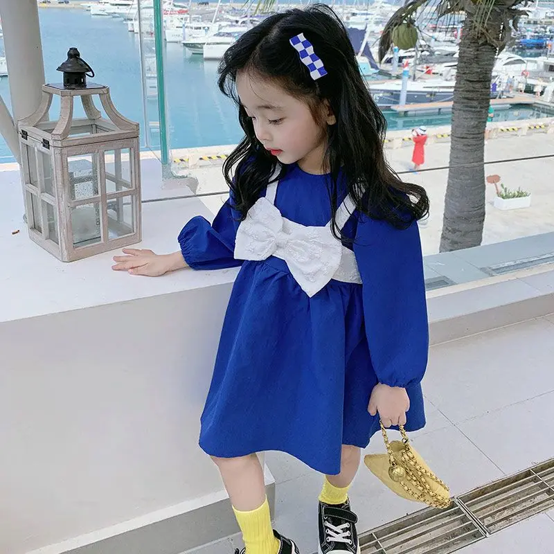 Baby Girl Princess Dress New Klein Blue Big White Bow Girl Dress Spring Autumn Baby