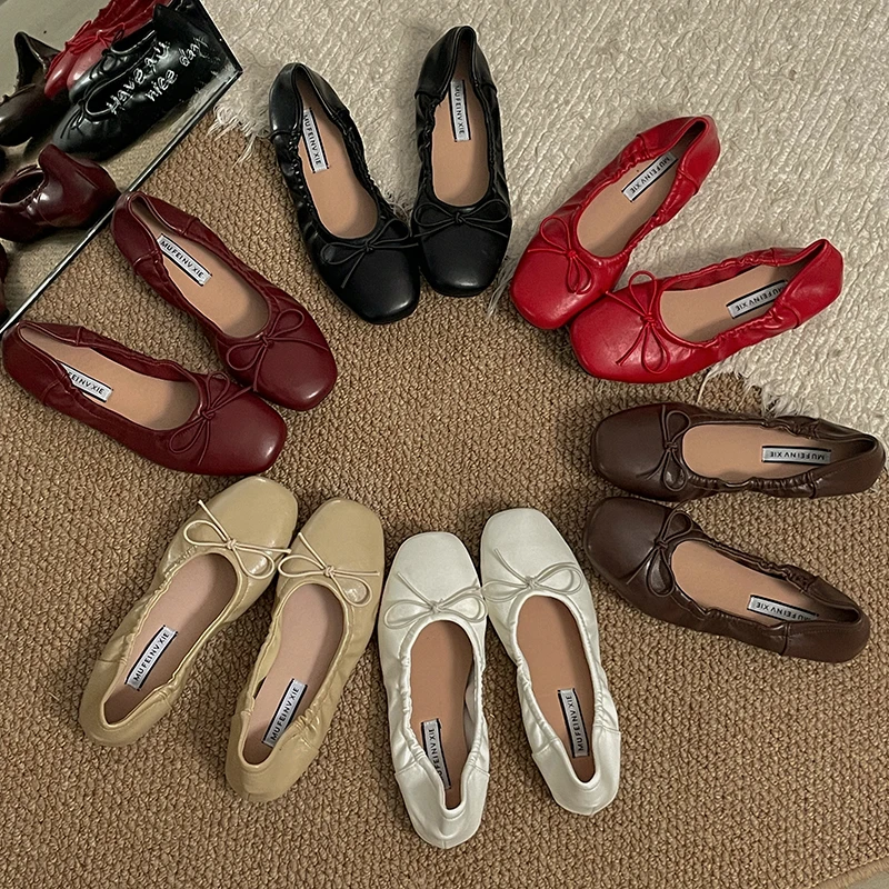 Autumn Women Ruffled Bow Ballet Flats Square Toe Soft Leather Slip On Loafers Multicolor Casual Daily Walking Ladies Dress Shoes