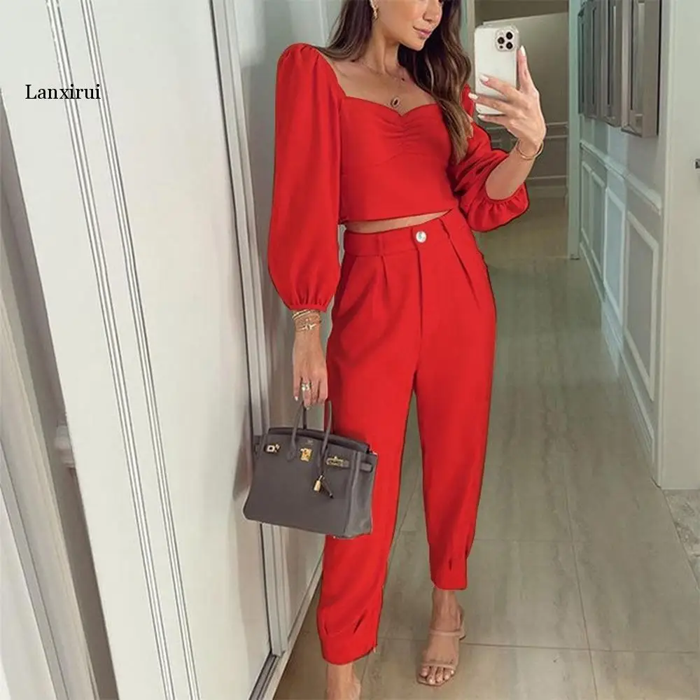 

Autumn Fashion Two Piece Set Women Casual Solid Square Collar Long-sleeved Shirt Straight Pants Two Piece Suit Women