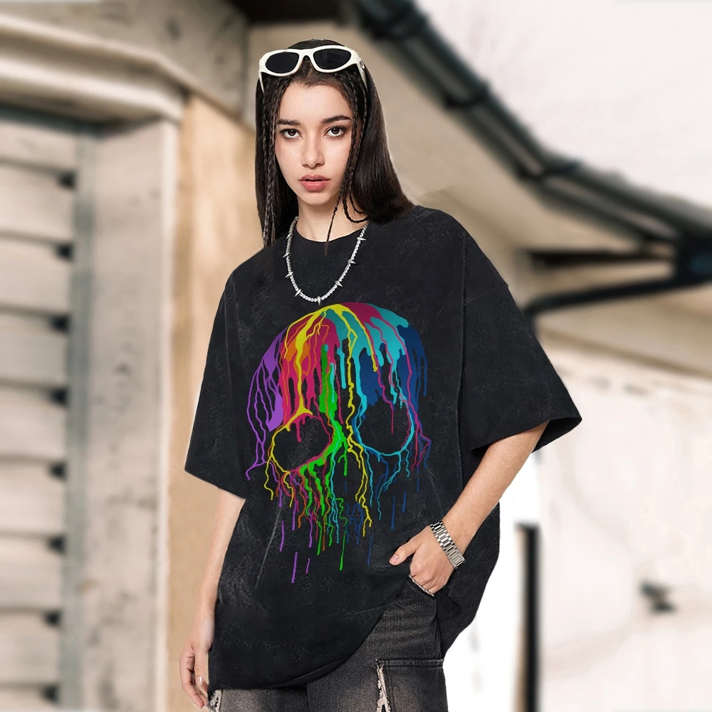 Rainbow Drip Skull Trendy Vintage Unisex Washed T-shirt,90s Vintage Shirt,Oversize Vintage T-Shirt,Retro Washed Stylish Tee