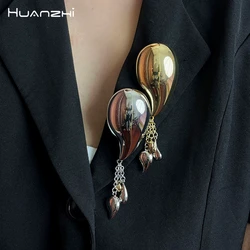 HUANZHI Water Drop Tassel Pendant Brooch Smooth Suit Coat Pin Vintage Trend Large Chunky Jewelry for Women 2024 New Design