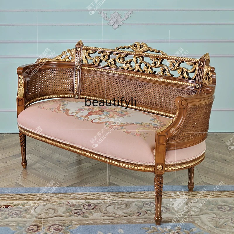 

French Luxury Solid Wood Woven Rattan Single Double Three-Seater Sofa Chair Fabric Living Room Villa Pink Sofa Customization
