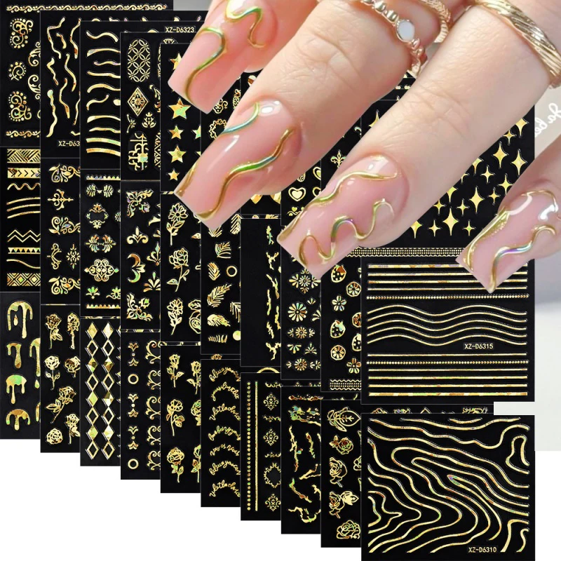 6/30Pcs Nail Stickers 3D Laser Gold Retro French Line Flower Art Stickers Star Heart Leaf Self-Adhesive Nail Decal Tips Decor