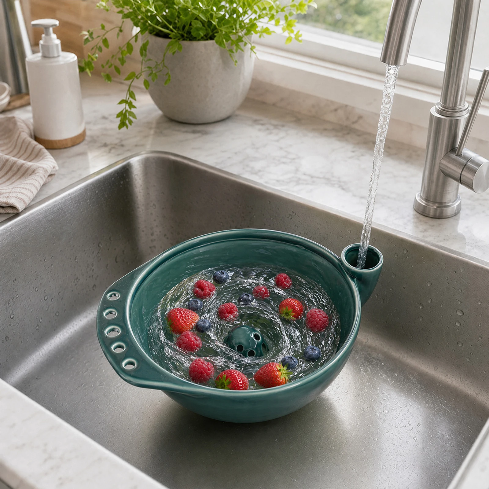 Self-Spinning 9.45'In Berry Bowl with Drain Holes Ceramic Fruit Bowl Fruit Washing Bowl Fruit Washer with Strainer and Colander - view 3
