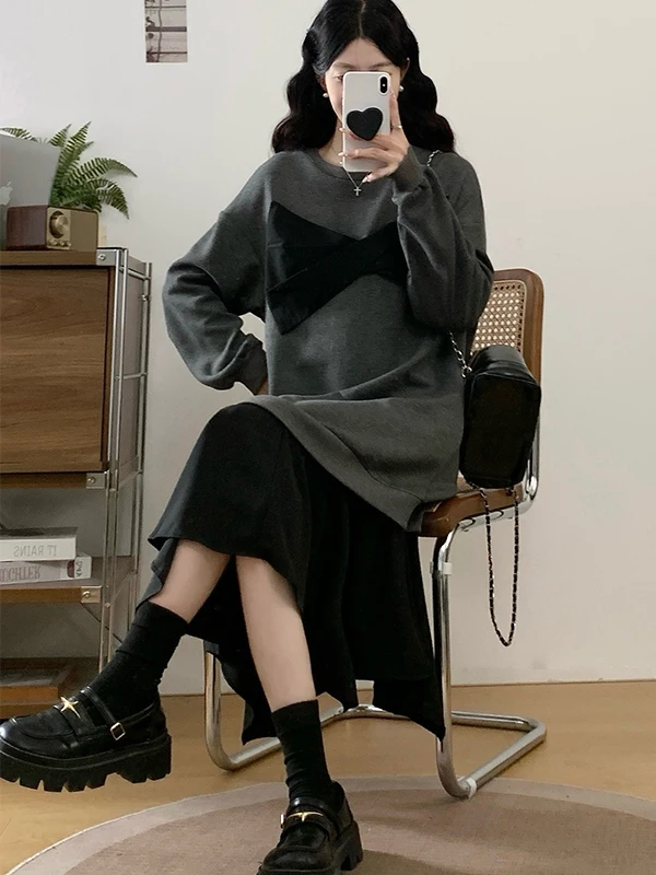 

plus Size Ele Sle round Ne Knot Sweatirt Dr Women Casual Autumn Winter A-Line Skirt Comfortable Breath...