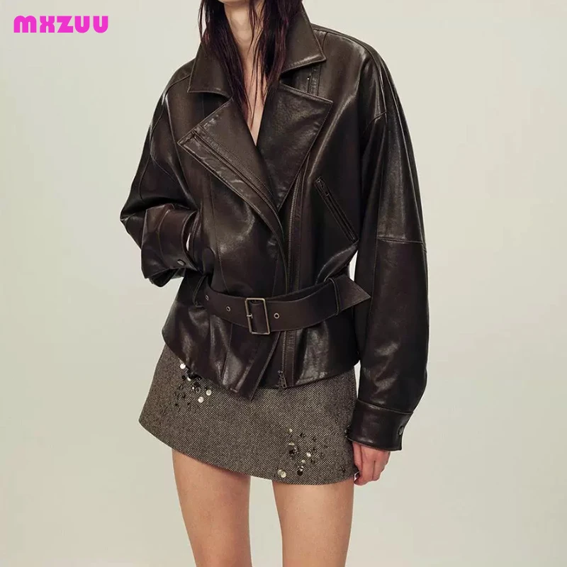 Women's Sheepskin Jacket Autumn Fashion Light Wax Vegetable Tanned Leather Coat Zipper Belt Slim Moto Biker Jacket Oversized