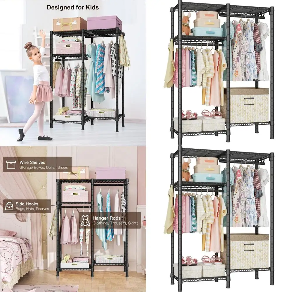 

4-ярусная портативная металлическая вешалка для одежды, усиленная, для детских комнат, 31.2W x 11.8D x 48H, черная