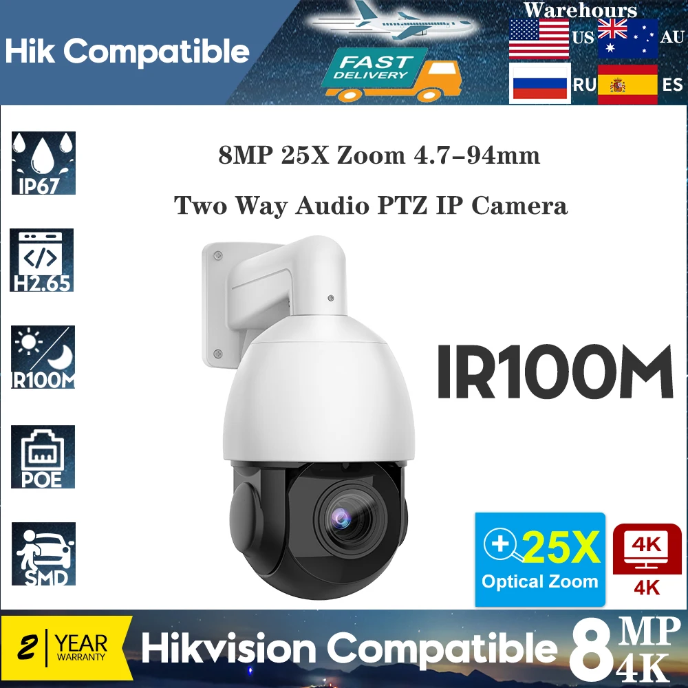 

Hikvision Compatible 8MP 25X Zoom PTZ IP Camera Speed Dome Two-way Audio Outdoor Video Surveillance Camera CCTV Security Camera