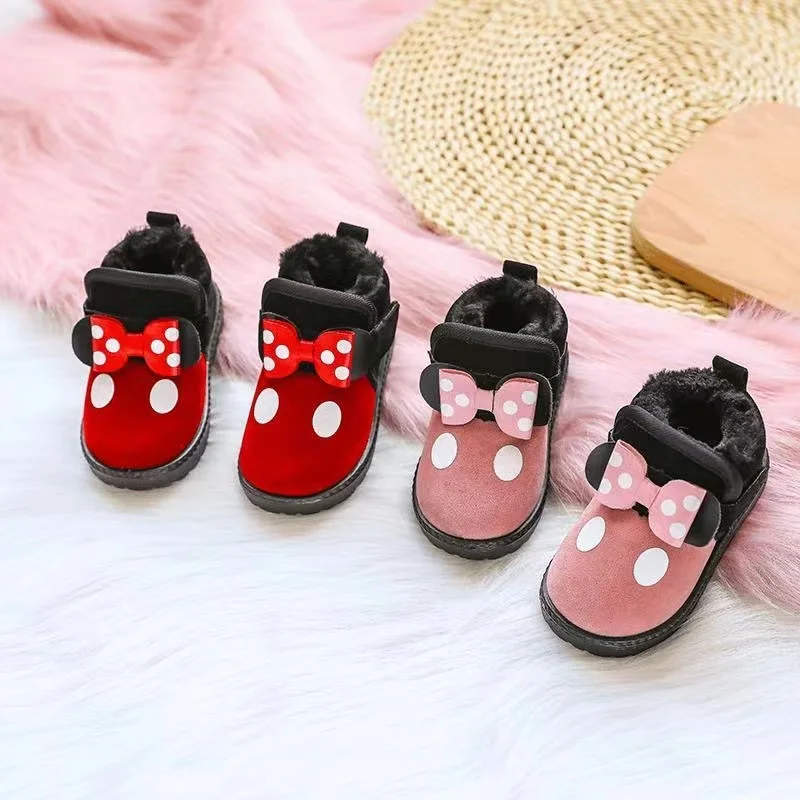 Kids Girls Cotton Snow Boots Casual Sport Shoes Soft Running Sneakers Winter Bow Dots Princess Children Toddler Shoes With Plush