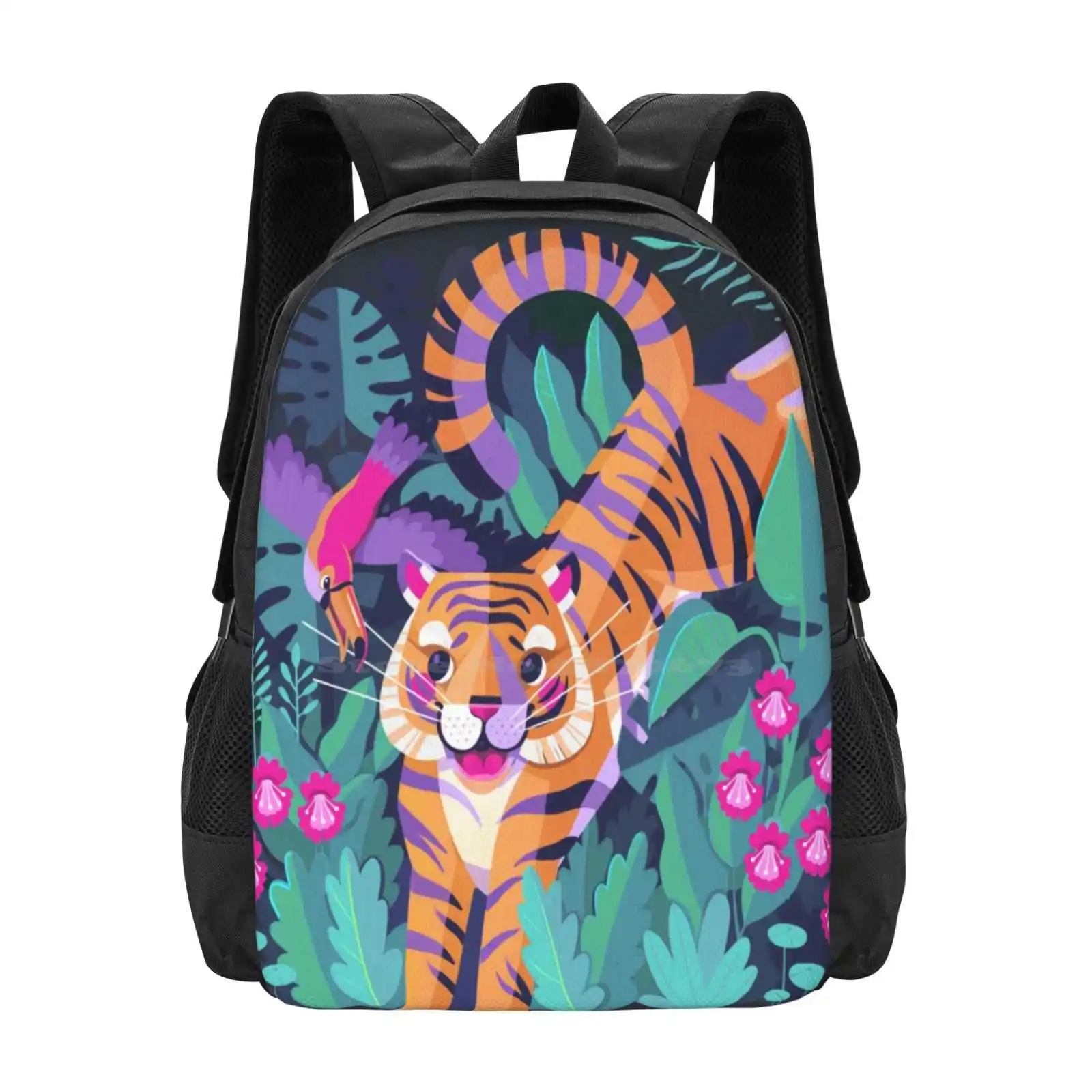 Jumping Tiger-Flying Toucan School Bag Big Capacity Backpack Laptop Toucan Tiger Jungle Childrens Illustration 80S