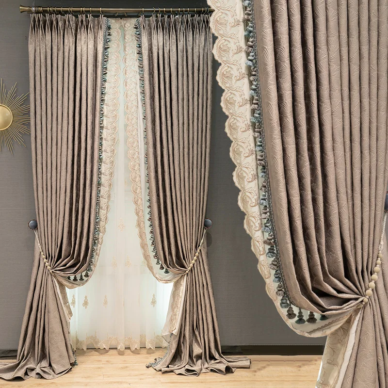 Custom gorgeous modern rey coffee jacquard shading advanced of floor-to-ceiling  thick cloth blackout curtain tulle drape C1768