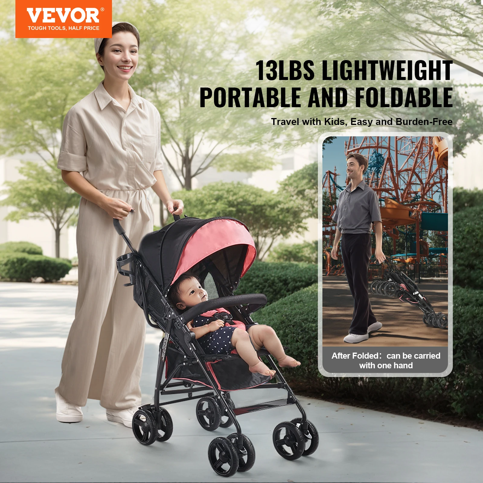 VEVOR Lightweight Stroller Compact Easy Fold MultiPosition Recline Canopy Backrest Carbon Steel Frame with Large Storage Basket