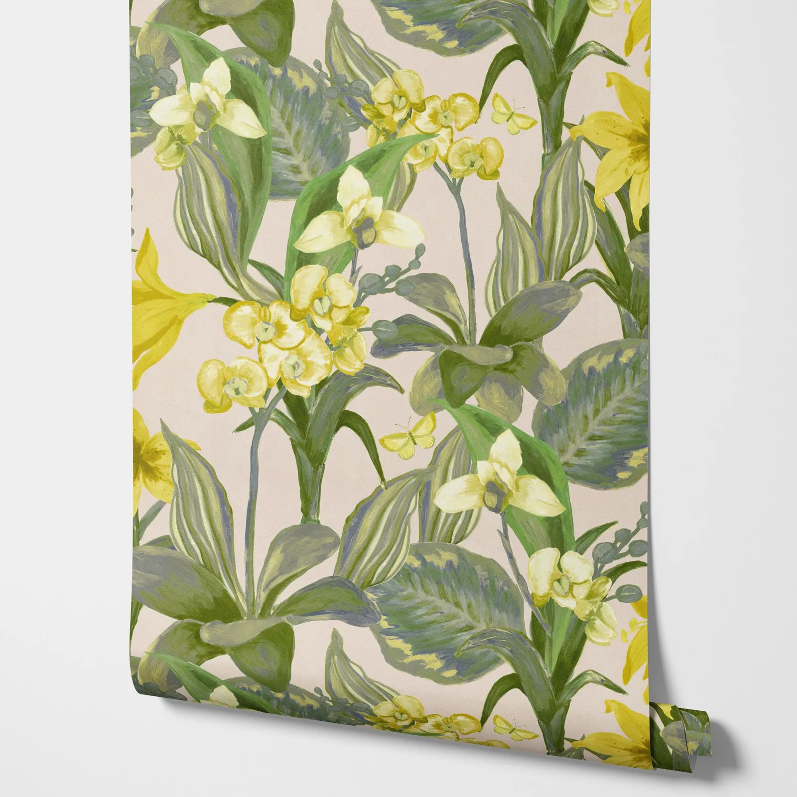 

Tropical botanical floral and leaves with yellow bloosm Wallpaper in light pink back, Scandinavian removable non-woven Wallpaper