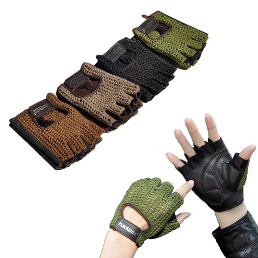 Half Finger Gloves Leather Mesh Motocross Fishnet Bike Driving Tactical Gloves Motorcycle Accessories Work Riding Men\'s Gloves