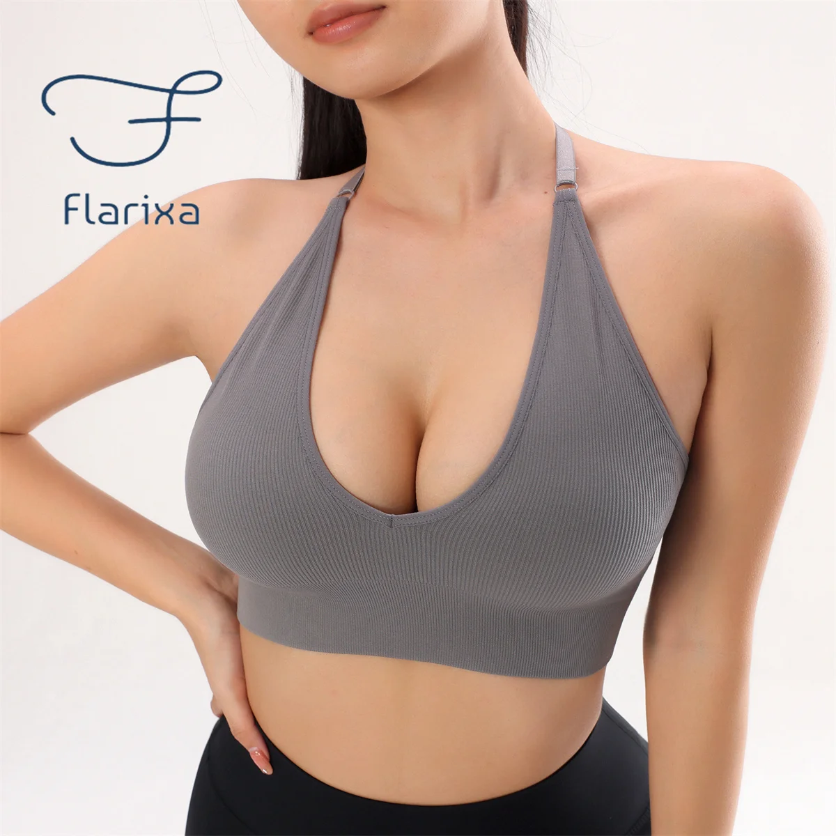 Flarixa Halter Sports Bra Women Seamless Padded Activewear Bra Fitness Yoga Top Bralette Back Invisible Gym Workout Underwear