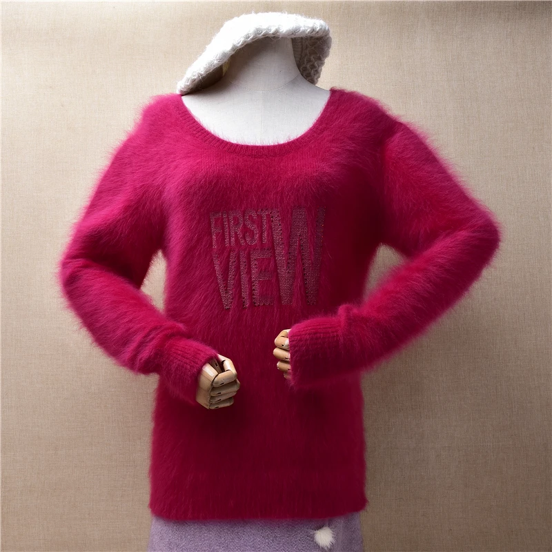 Pull Rose Female Women Fall Winter Hairy Mink Cashmere Knitted O-Neck Long Sleeves Loose Pullover Angora Fur Sweater Jumper Tops