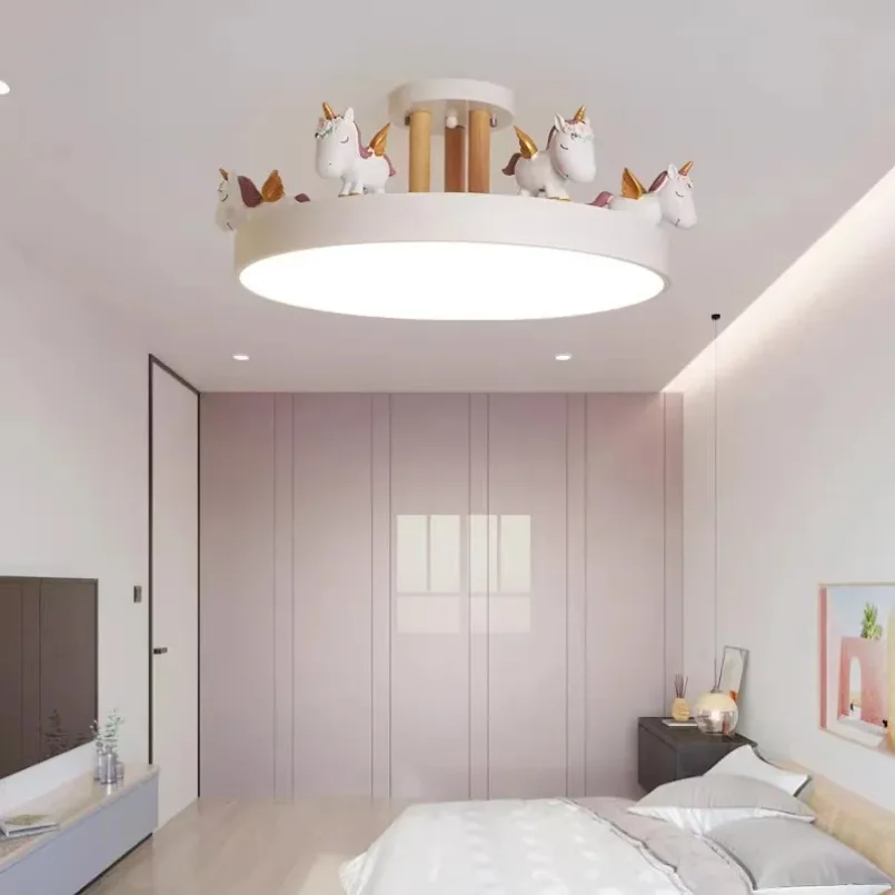 Modern Led Unicorn Ceiling Mounted Light for Children Kids Girls Pink Decoration Lamp Horse Remote Control Dimmable Home Bedroom