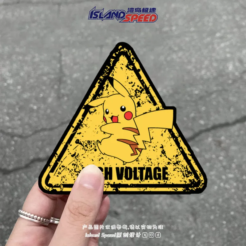 Vintage Pikachu Triangle Warning Sticker Personality Creative Cartoon Anime Waterproof Decorative Decal