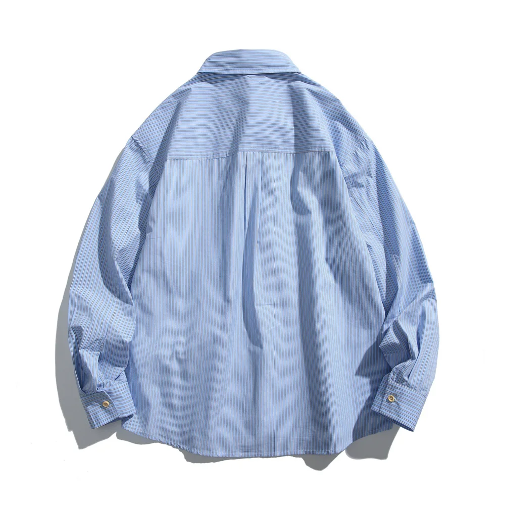 

Double Placket Splice Stripe Shirt Men Japanese Streetwear Fashion Casual Loose Long Sleeve Oversize Shirts Cityboy Blouses