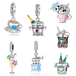 Precious Food & Beverages Beads Beer Bottle,Coffee Cup & Goblet Dangle Charm Fits Original Bracelet Silver Color Jewelry Pendant