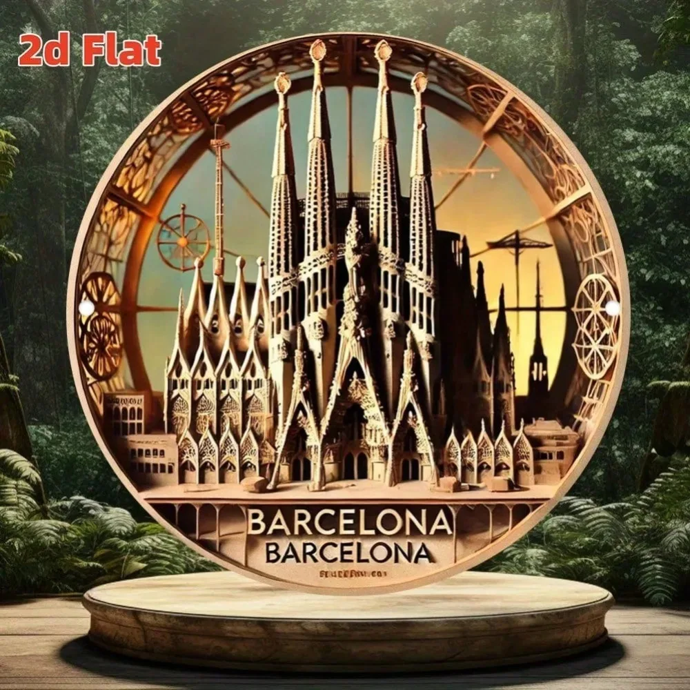 Barcelona Sagrada Familia Metal Sign 7.8X7.8 Inch - 2D Flat Printed Decorative Plate For Home Decoration, 1pc Durable Wall Decor