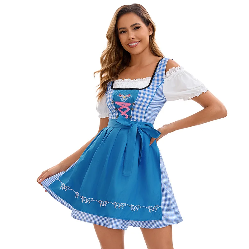 

Oktoberfest Bavarian Plaid Dress with Apron Women German Festival Cosplay Costume Halloween Fancy Party Dress