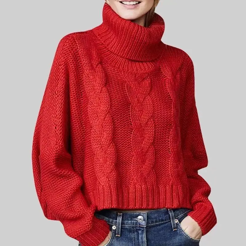 

Cotton yarn Fried Dough Twists red high neck sweater women's pullover short thickened sweater loose lazy style bottoming shirt