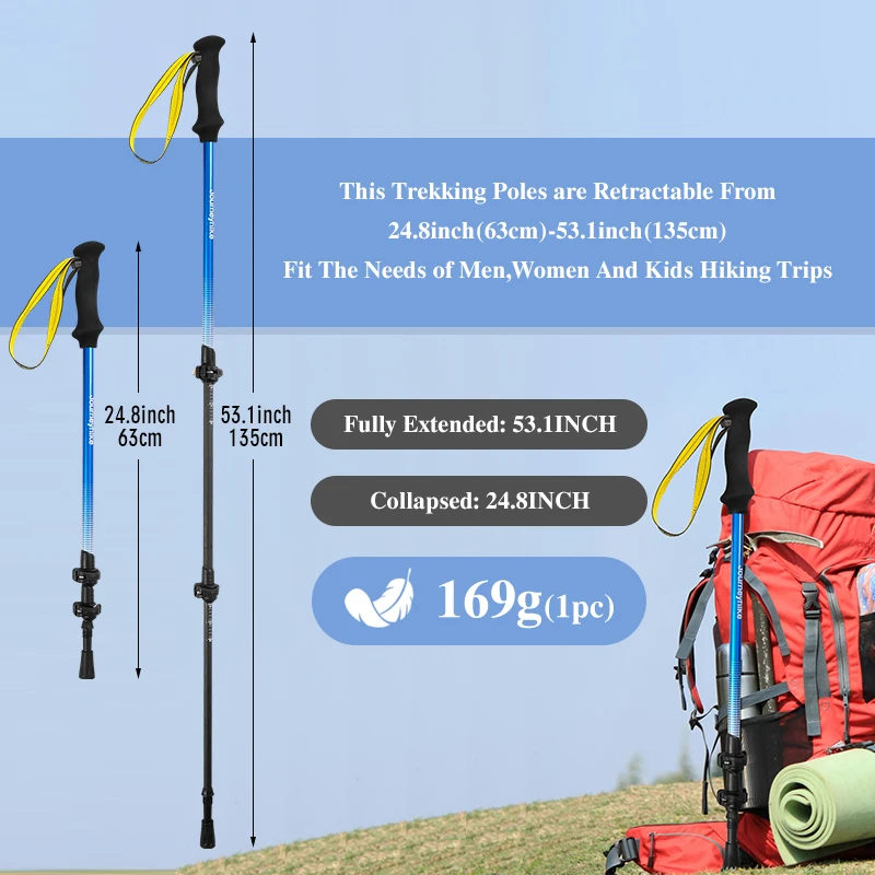 Yellow 3K Carbon Fiber Trekking Pole, Three-Section Telescopic Hiking Stick, Double-Pack Carbon Fiber Nordic Walking Stick