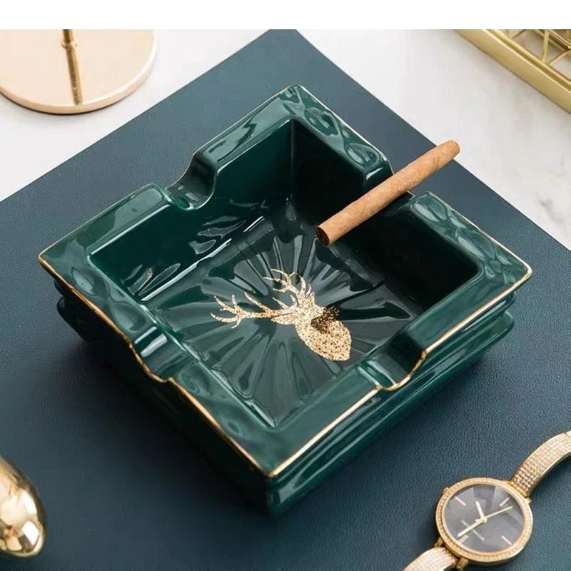 Gold Plated Deer Pattern Ceramic Ashtray with Lid Smoking Accessories for Weed Ash Tray Square Ashtrays Gifts Boyfriend