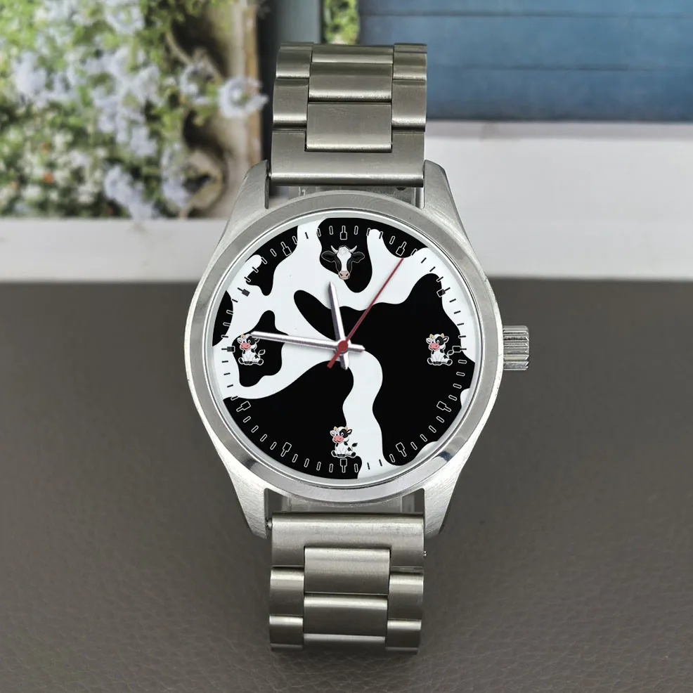 

Настраиваемые персонализированные часы унисекс, циферблат с коровьим узором, кварцевый, 5 бар, водостойкий стальной корпус, кожаный силиконовый ремешок