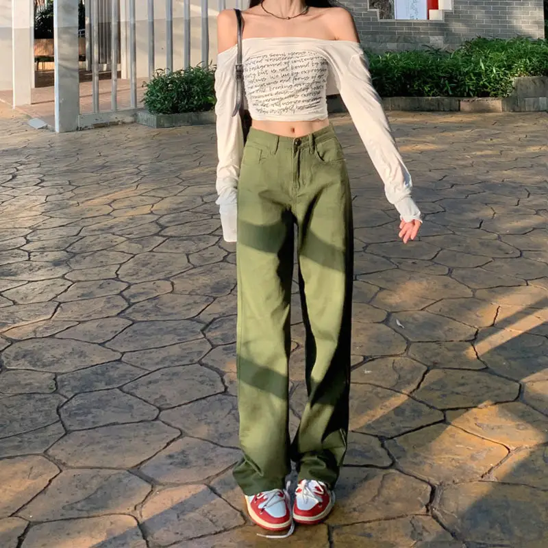 

Military Green Wide Leg Jeans Women's Loose Straight High Waist Slim Autumn New 2025 Casual Dad Pants