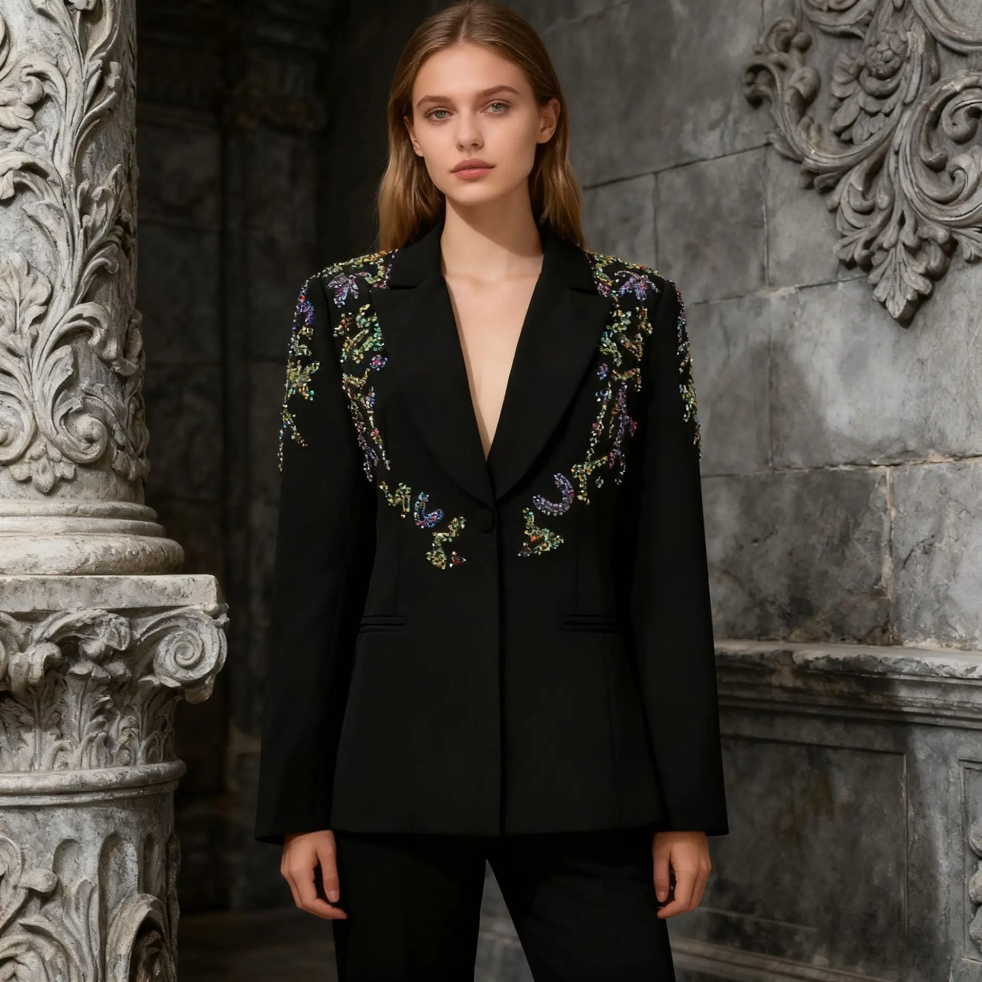 

OL Style Autumn Women's Elegant Blazer Fashion Commuter Style High-End Look Coat Diamond Inlaid Decoration