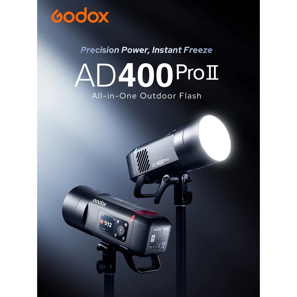 

AD400Pro II 400Ws Flash 2.4G Wireless X System 1/8000s HSS 1/27770s Freeze Mode 30W Bi-Color LED Modeling Light for Studio