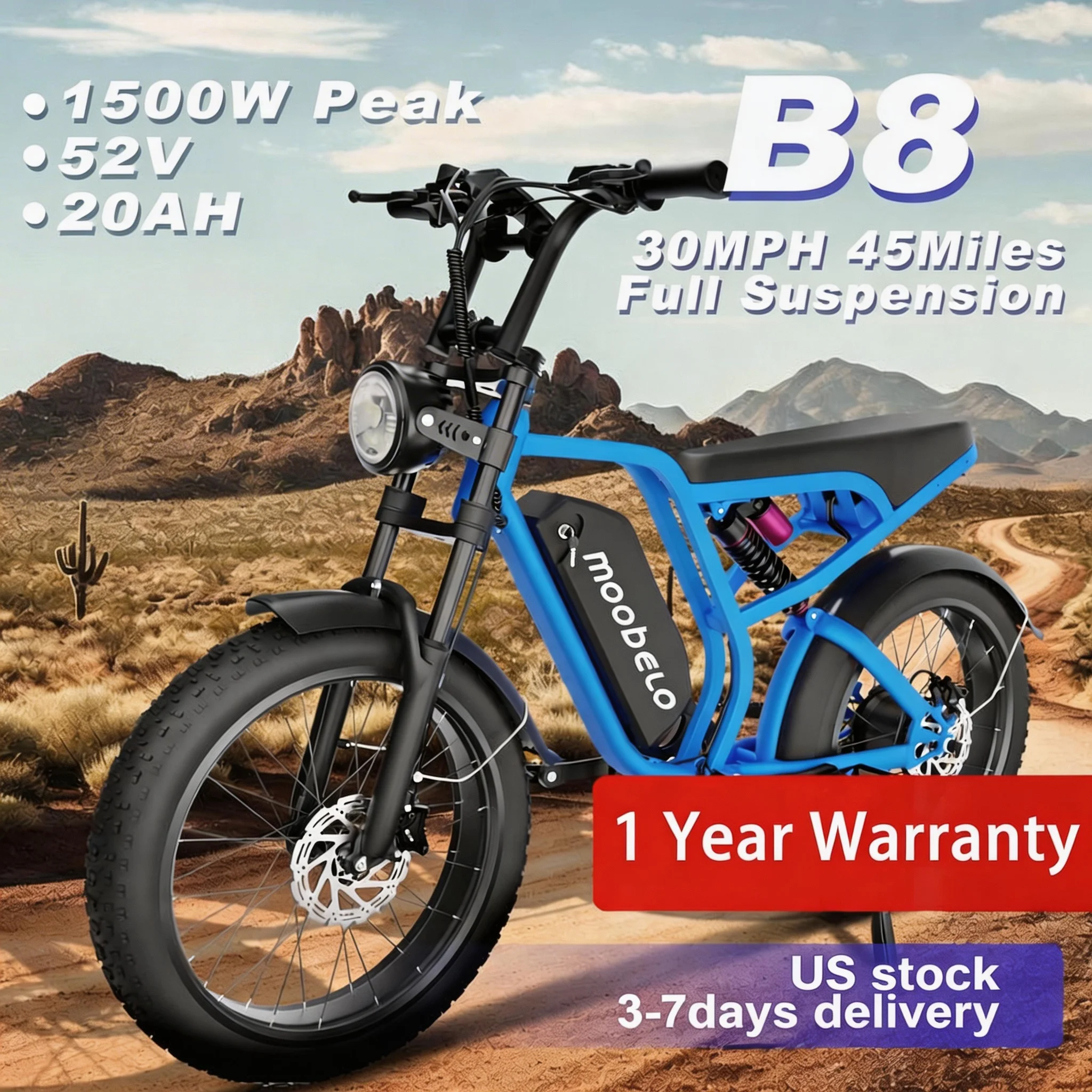 Moobelo B8 1500W Electric Bike Winter-Ready Fat Tire Peak 48V 16AH 30MPH Snow Traction Full Suspension Off-Road Ebike (US Stock)