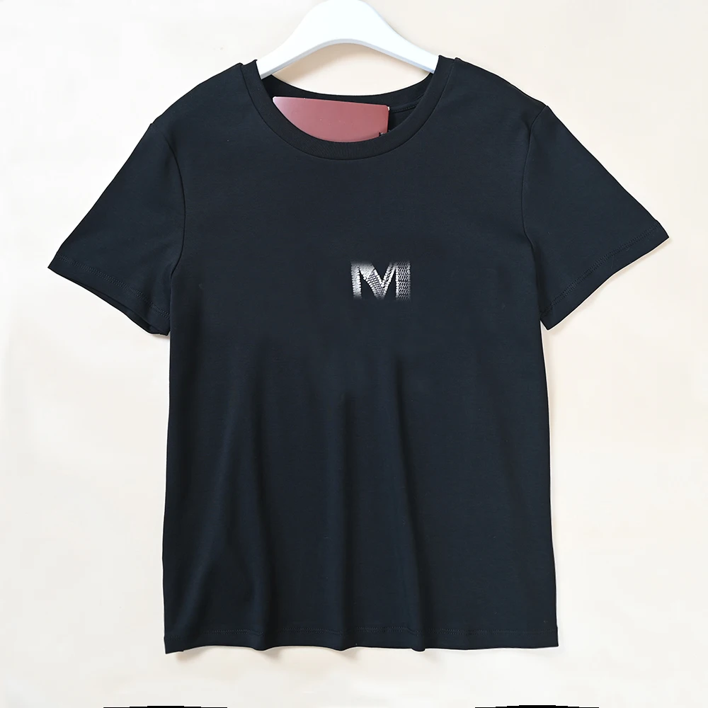 Summer New Women's Silk-Matte Cotton Embroidered Beaded Letter round Neck Short Sleeve T-Shirt Casual Style Standard Fit