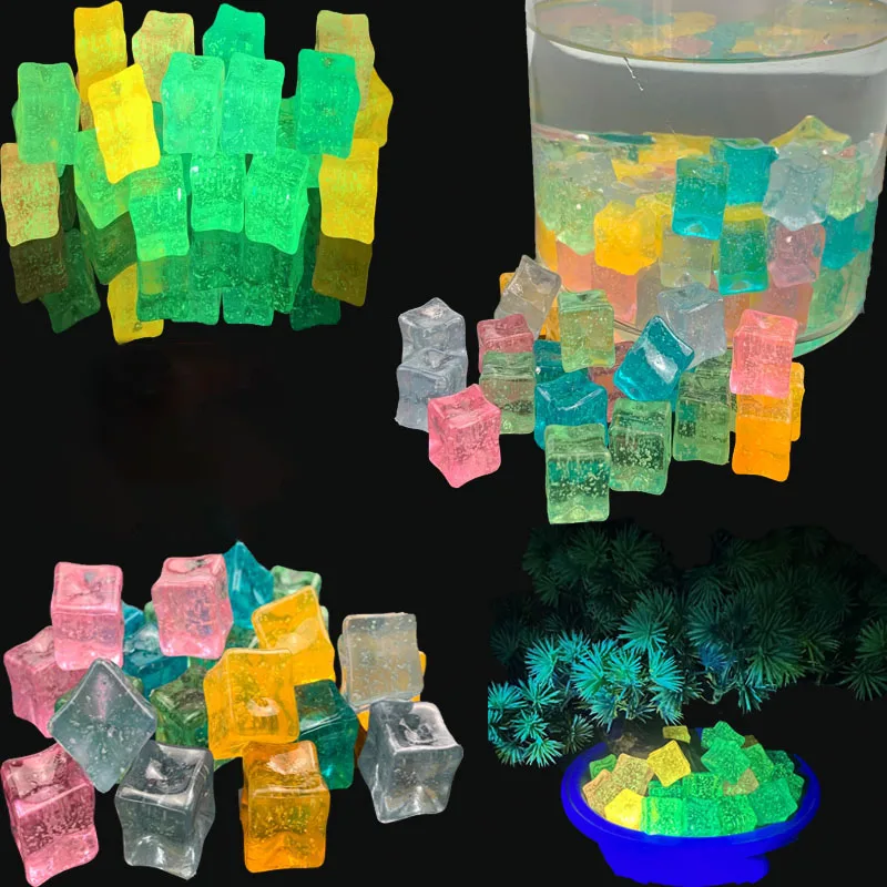 20pcs Luminous Square Starry Stone 18mm Star Simulated Ice Cubes Craft Ornaments Fishbowl Decorations Glow in Dark