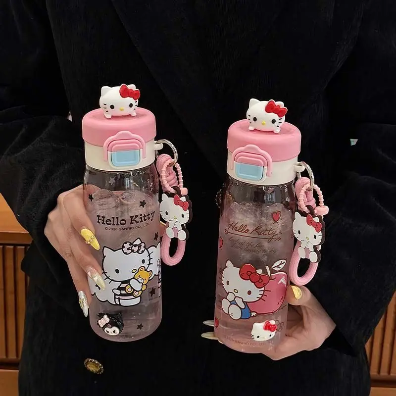 Cute Hello Kitty Leakproof Plastic Water Bottle, 3D Cartoon Top Drinking Cup with Strap & Gift Box Kawaii Reusable Water Mug